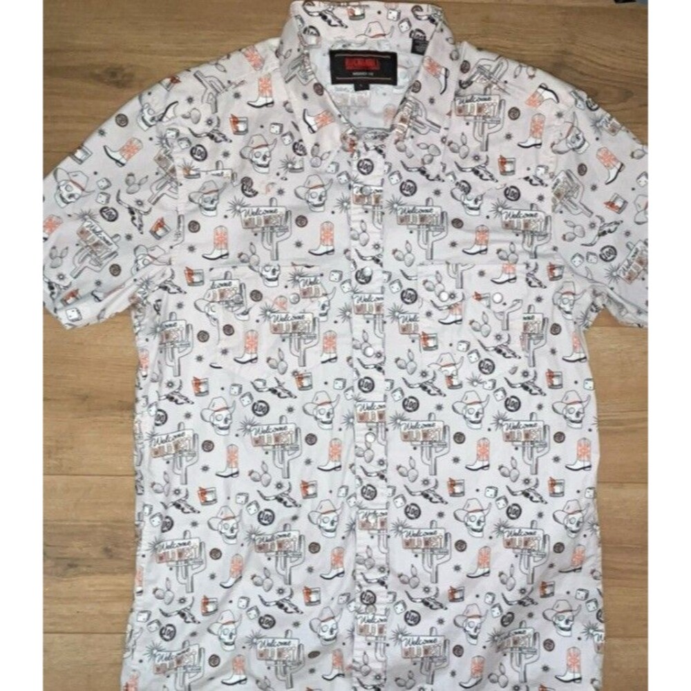 Men’s Rock & Roll Skeleton Wild West Western Pearl Button Down Shirt Large SS - Picture 2 of 7